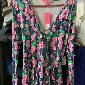Lilly Pulitzer Navy and Green Mirelle Floral Romper, oyster Bay‎ Navy, new